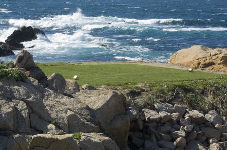 Teeing ground of golf course by ocean (study in immobility and motion)