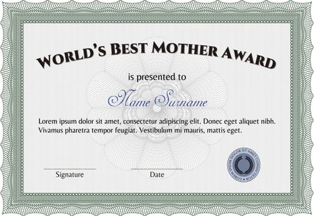 World's Best Mother Award Template. Customizable, Easy to edit and change colors.With guilloche pattern and background. Lovely design. 