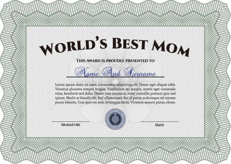 World's Best Mother Award Template. With guilloche pattern and background. Complex design. Vector illustration.