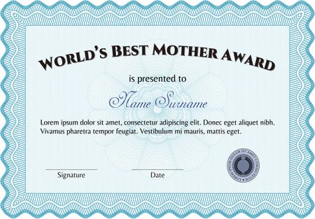 Best Mom Award Template. Artistry design. With guilloche pattern. Detailed.