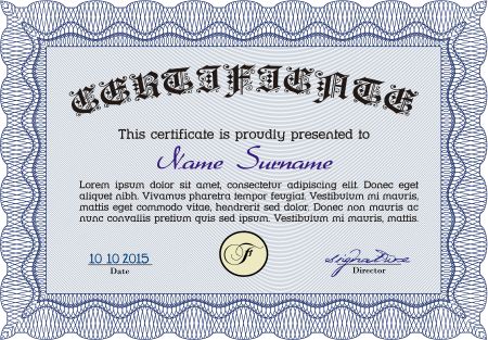 Sample Certificate. Printer friendly. Retro design. Border, frame.