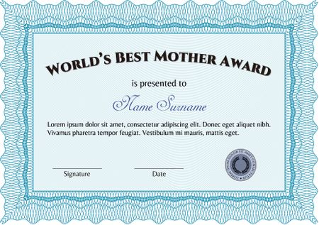 Best Mother Award Template. Excellent complex design. Border, frame.With great quality guilloche pattern. 