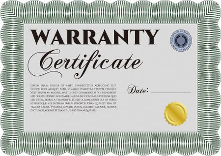Sample Warranty certificate template. Complex frame. Perfect style. It includes background. 