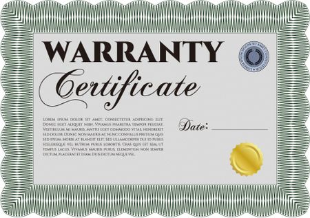 Sample Warranty certificate template. Complex frame. Perfect style. It includes background.