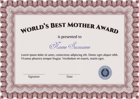 World's Best Mother Award Template. With guilloche pattern. Vector illustration.Nice design. 