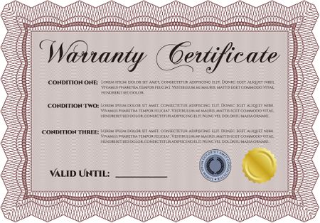 Sample Warranty certificate. With background. Very Detailed. Complex design. 