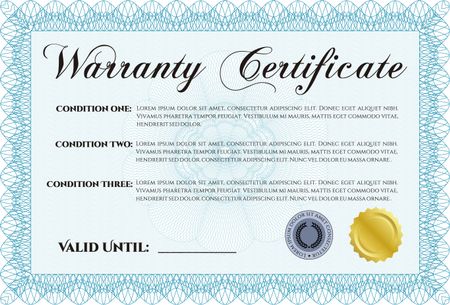 Sample Warranty certificate. Complex frame. Retro design. With sample text. 