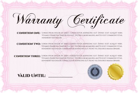 Sample Warranty certificate template. With sample text. Vector illustration. Complex frame. 
