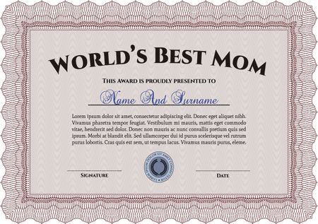 Best Mom Award. Customizable, Easy to edit and change colors.With guilloche pattern and background. Excellent complex design. 