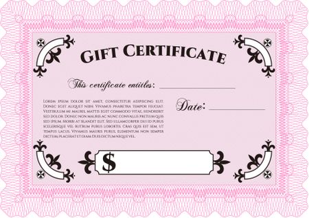 Vector Gift Certificate. Superior design. With linear background. Border, frame.