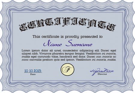 Sample certificate or diploma. Money style.With guilloche pattern and background. Beauty design. 