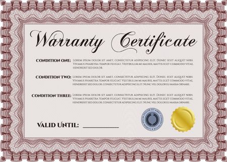 Sample Warranty certificate template. With sample text. Perfect style. Complex frame. 