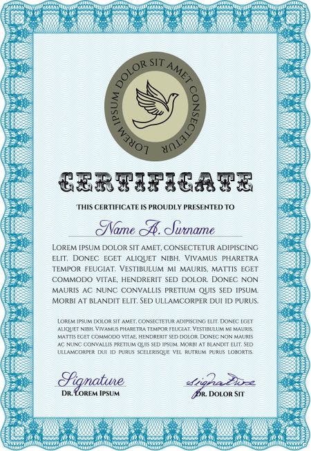 Diploma or certificate template. With complex background. Vector pattern that is used in currency and diplomas.Lovely design. 