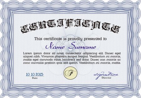 Diploma template or certificate template. Vector certificate template.With guilloche pattern. Beauty design. 