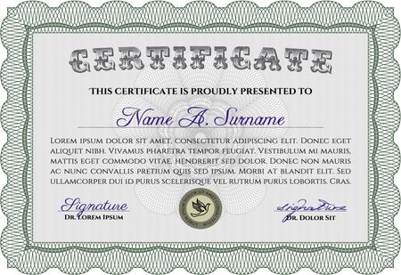 Sample certificate or diploma. Complex background. Vector certificate template.Cordial design. 
