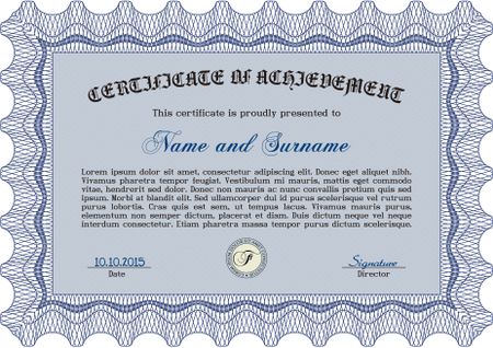 Certificate of achievement template. Sophisticated design. With guilloche pattern. Detailed.