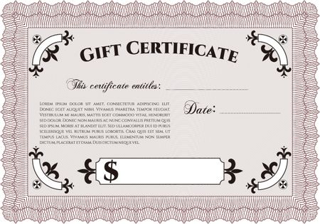 Retro Gift Certificate template. Nice design. With guilloche pattern and background. Detailed.
