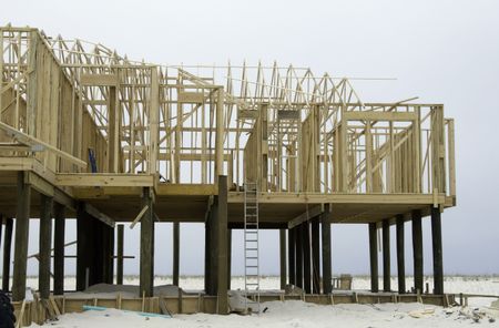 Beach house under construction in hurricane zone on a barrier island in the Florida panhandle