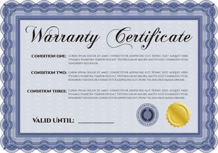 Warranty Certificate template. Easy to print. Perfect style. Complex frame. 