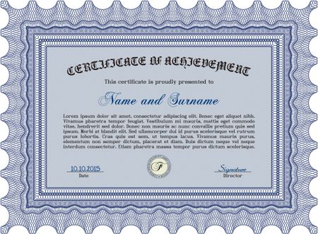 Certificate of achievement template. Artistry design. Frame certificate template Vector.With great quality guilloche pattern. 
