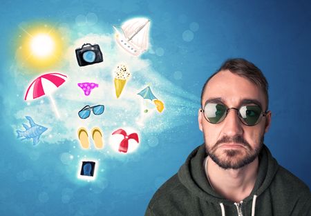 happy-joyful-man-sunglasses-looking-summer-308822732 Happy joyful man with sunglasses looking at summer icons and symbols concept