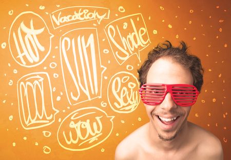 Cool teenager with summer sun glasses and vacation typography concept