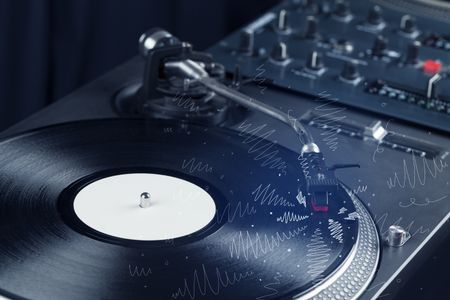 Turntable playing music with hand drawn cross lines concept on background