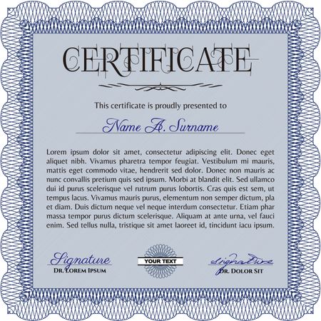 Certificate or diploma template. Complex background. Detailed. Cordial design. 