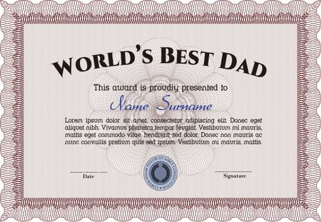 World's Best Father Award Template. With guilloche pattern. Complex design. Border, frame.