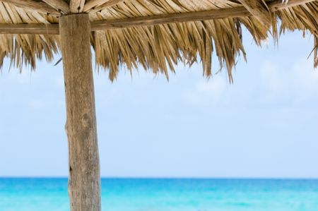 Close up of a grass beach hut with the blue ocean in the background.