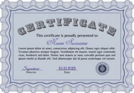 Certificate template or diploma template. With great quality guilloche pattern. Elegant design. Border, frame.