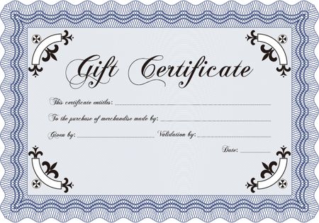 Formal Gift Certificate template. Border, frame. Superior design. Complex background. 