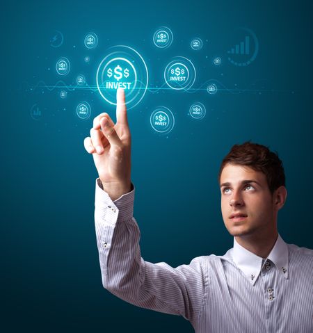 Businessman pressing business type of modern buttons with virtual background