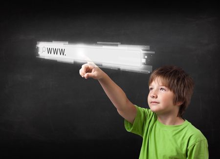 Little boy touching web browser address bar with www sign
