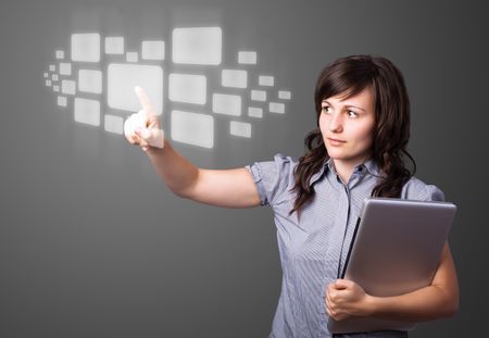 Businesswoman pressing high tech type of modern buttons on a virtual background