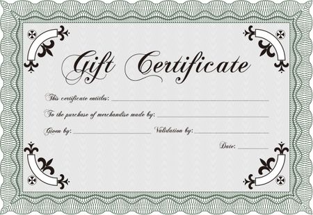 Modern gift certificate. Retro design. Vector illustration.With guilloche pattern and background. 