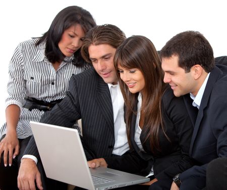 business team in a meeting on a laptop computer isolated