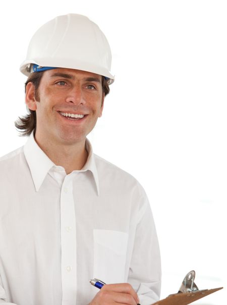Civil engineer taking notes and smiling isolated
