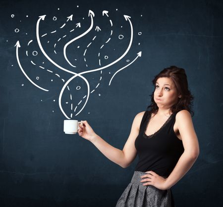 Businesswoman standing and holding a white cup with drawn lines and arrows coming out of the cup
