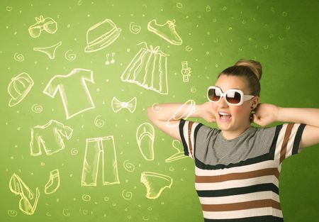 Happy young woman with glasses and casual clothes icons concept on green background