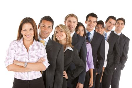 business-team-smiling-isolated-white-background-31390036 Business team smiling isolated over a white background