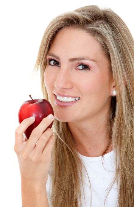 casual woman with a red apple isolated over white
