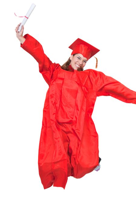 Graduation student jumping isolated over a white background