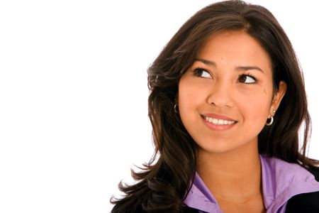 Business woman looking at the corner of the image - isolated