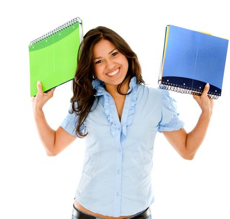 Beautiful happy student with notebooks isolated