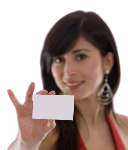 Businesswoman showing his business card isolated