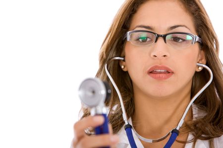 Female doctor with a stethoscope isolated over a white background