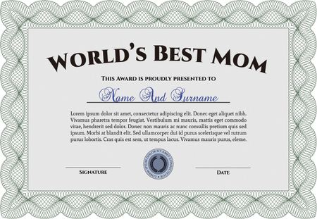 Best Mom Award Template. With quality background. Border, frame.Excellent complex design. 