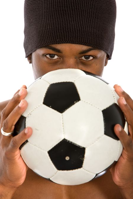 Man with a football in front of his face, isolated