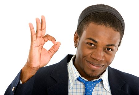 business man smiling doing the ok sign over a white background